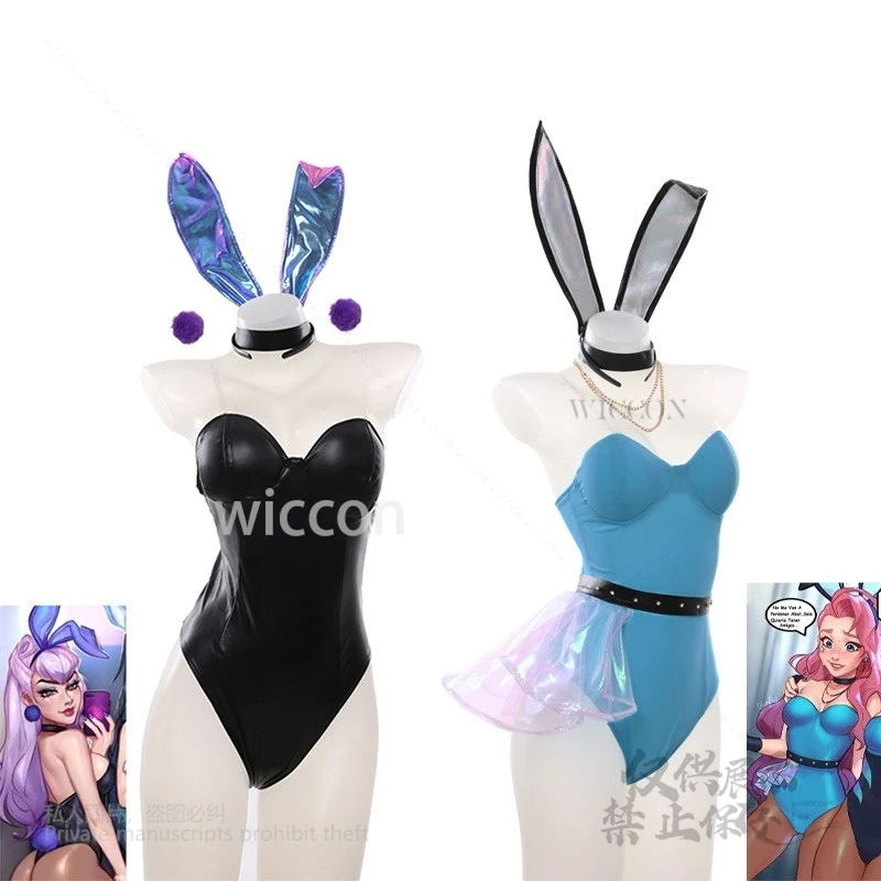재고 있음 게임 KDA Evelynn Seraphine 코스프레 드레스 의상 토끼 소녀 섹시한 여자 점프 슈트 가발 여성 파티 할로윈 의상
