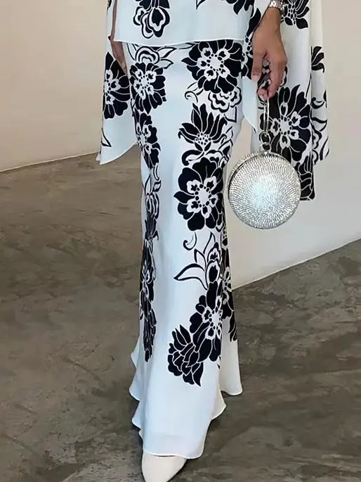 Modigirl Fashion Muslim Abaya Atasan Rok Longgar Dua Potong Set Musim Gugur Musim Semi Cetak Bunga Set Pakaian Muslim Wanita 2025 Baru