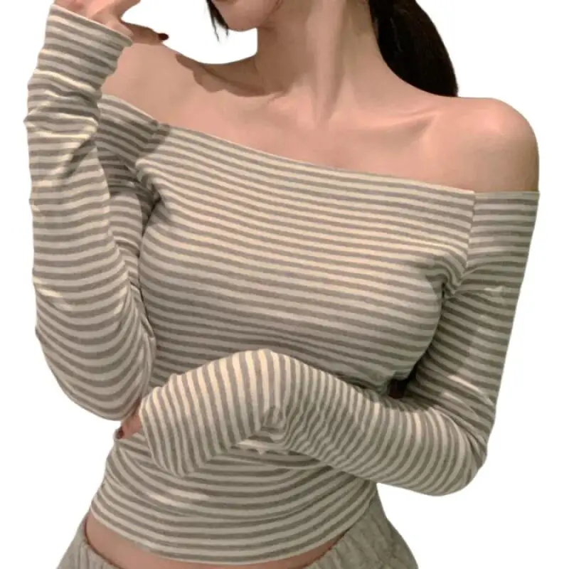 T-shirt à manches longues pour femmes, sexy, pur désir, base rayée, printemps et été, haut à col unique avec clavicule épicée pour filles