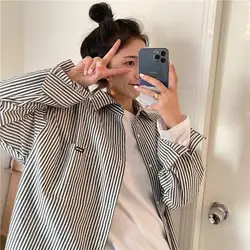 High Street Striped Loose Blouse Spring Autumn New Long Sleeve Polo Neck Vintage Youth Shirt Tops Fashion Casual Women Clothing