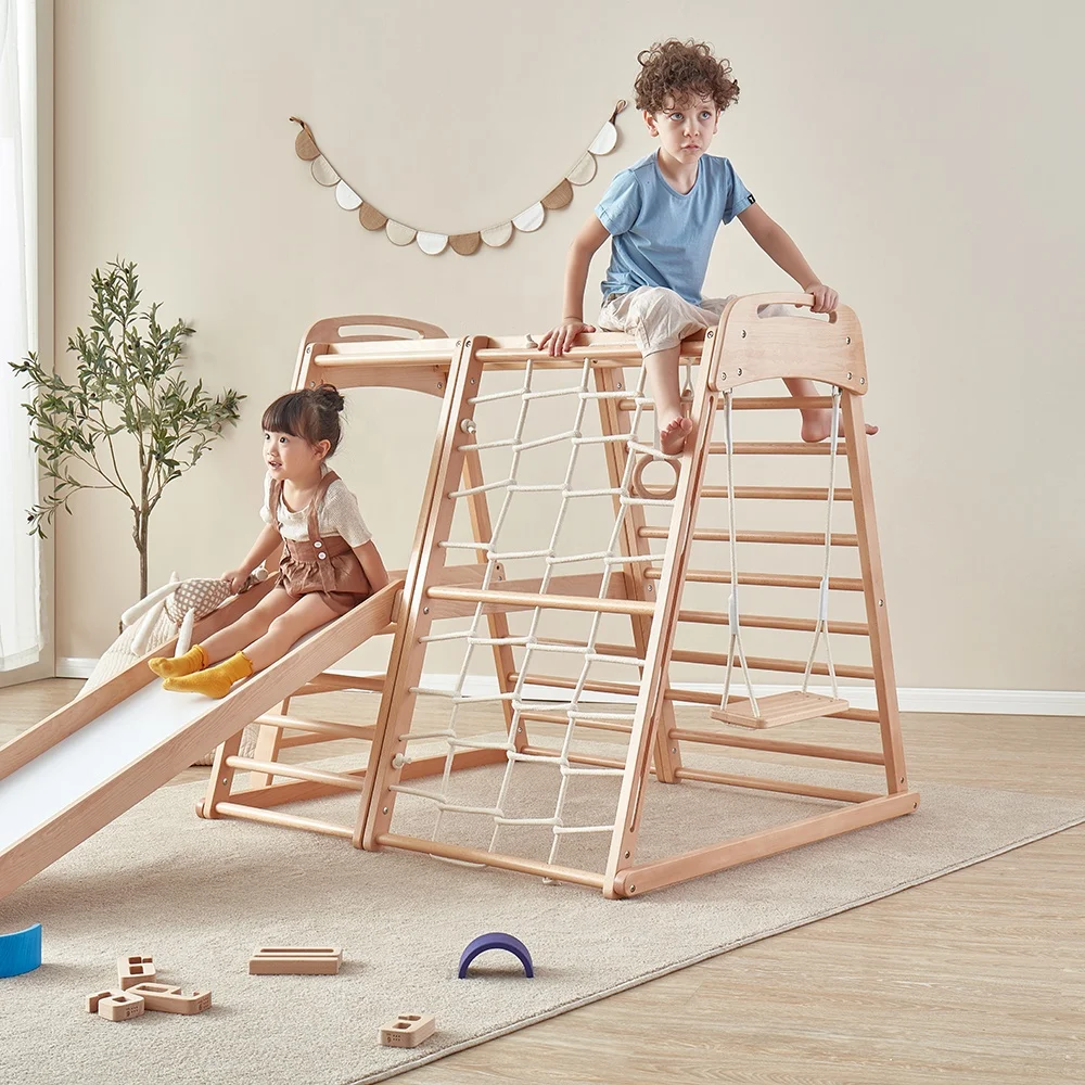 Wooden Trapezoidal Gym Toys Toddler Indoor Playground Wooden 3-in-1 Climbing Frame Climber Kids Game Set with Kids Swing