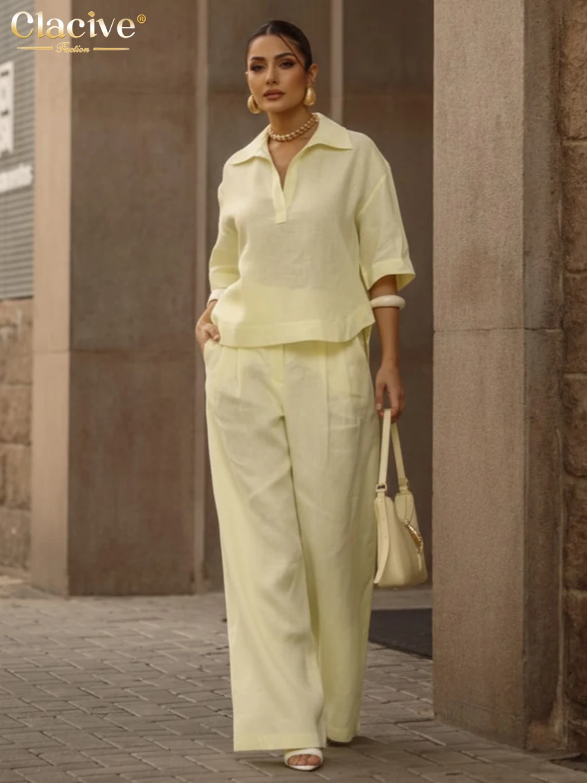 

Clacive Summer Loose Yellow Cotton Trousers Sets Woman 2 Pieces 2026 Elegant Half Sleeve Shirt With High Waist Pants Set Female