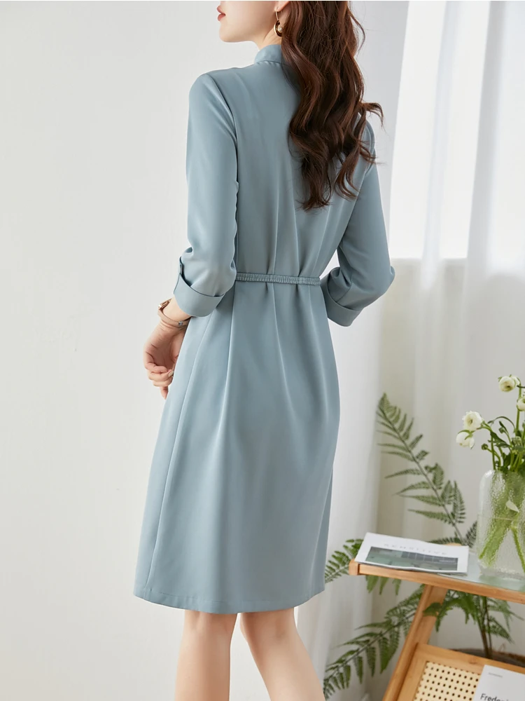 Vimly Elegant Solid Lace-up Slim Waist Dress Women 2023 Summer Straight Stand Collar Long Sleeve Office Ladies Vintage Dresses