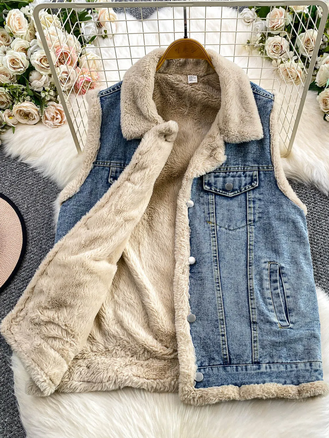 

Джинсовый жилет в стиле ретро Hong Kong Sle Thiened Fce, женская зимняя верхняя одежда с воротником, многослойный топ для похудения