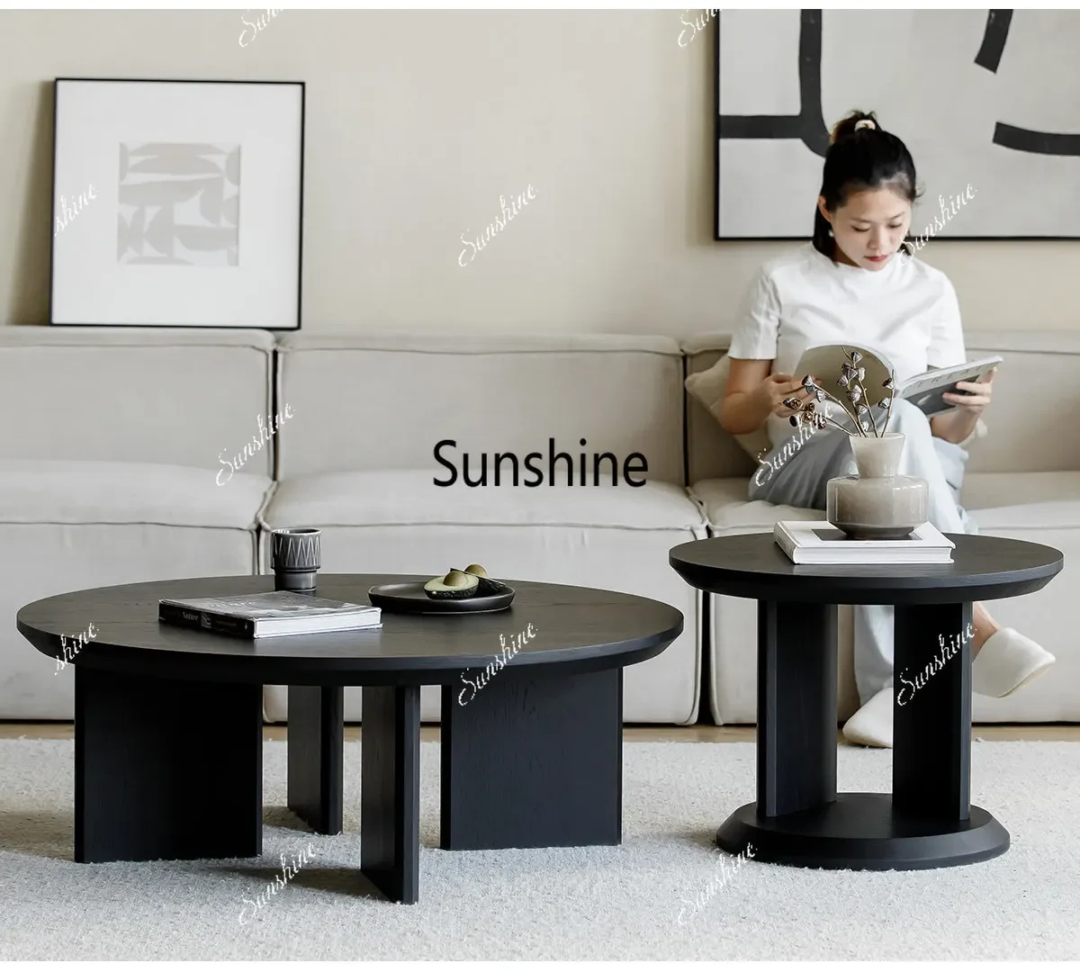 Minimalist wabi-sabi wind round solid wood coffee table combination modern light luxury living room furniture   FT