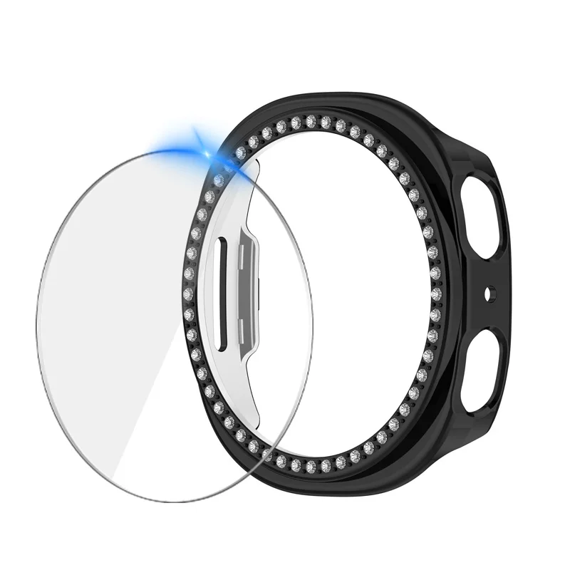 Casing Berlian + Kaca untuk Jam Tangan Samsung Galaxy 8 40Mm 44Mm Pelindung Layar Penutup Bumper PC Bling untuk Aksesori Jam Tangan Galaxy 8