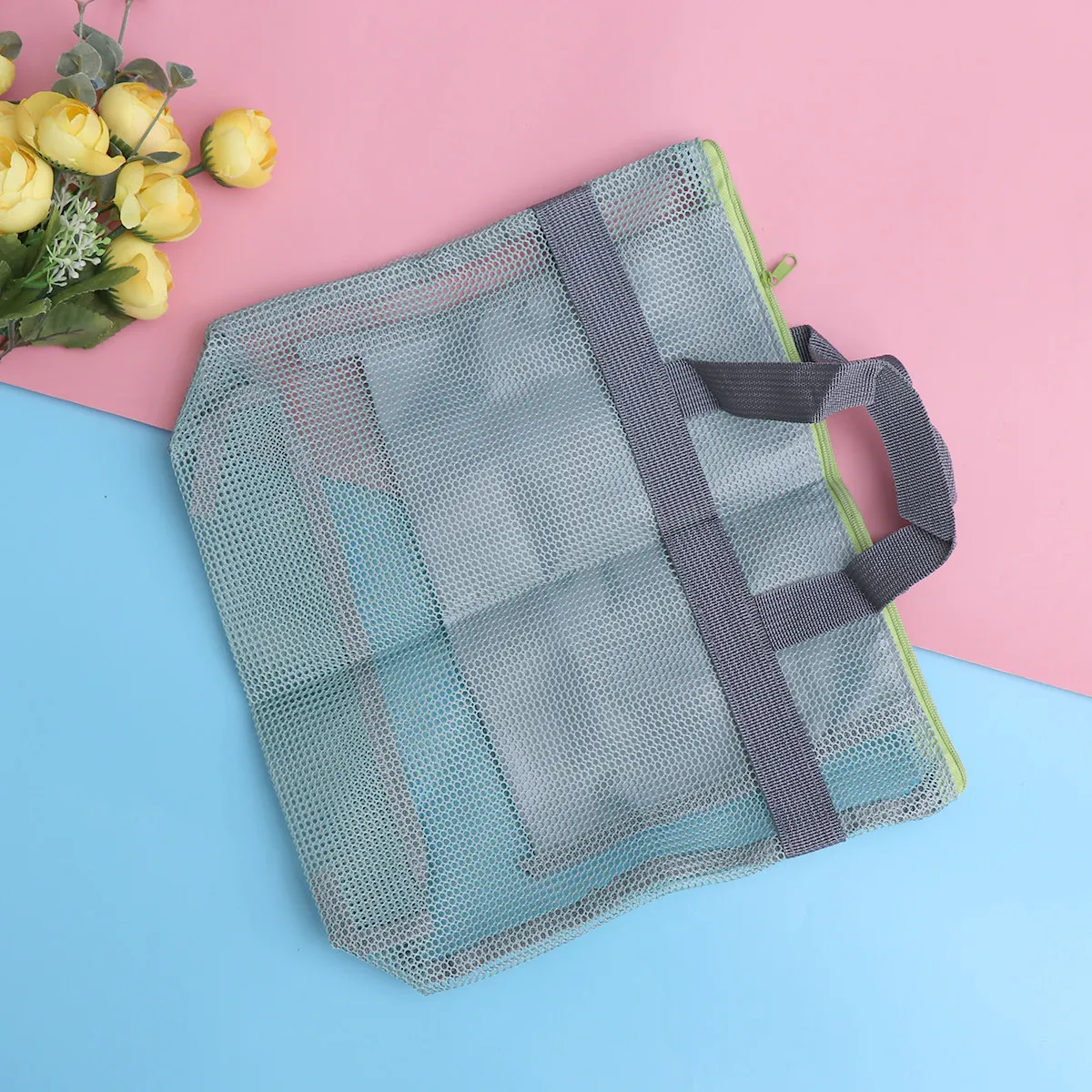 Large Mesh Beach Tote Bag Sky Blue Durable Nylon Lightweight Zippered Pocket Waterproof for Travel Picnic Swimming Pool