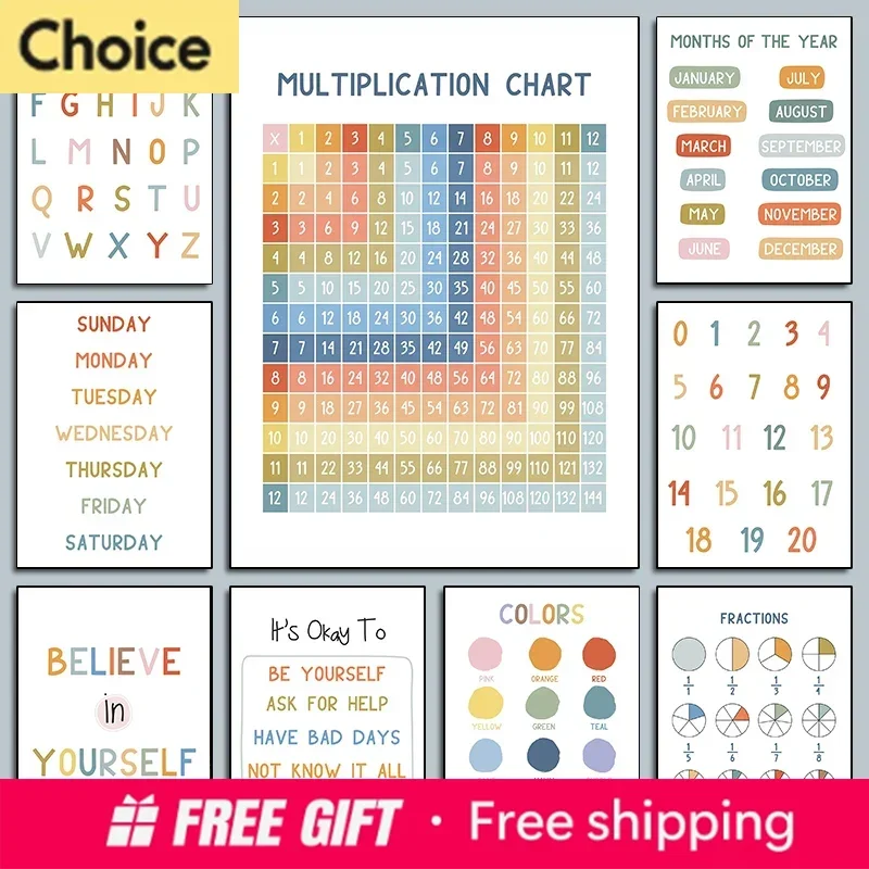 Affiches éducatives pour enfants, tableau de l'alphabet et de la table de multiplication, impressions sur toile, tableaux muraux pour la décoration de la maison et de la chambre