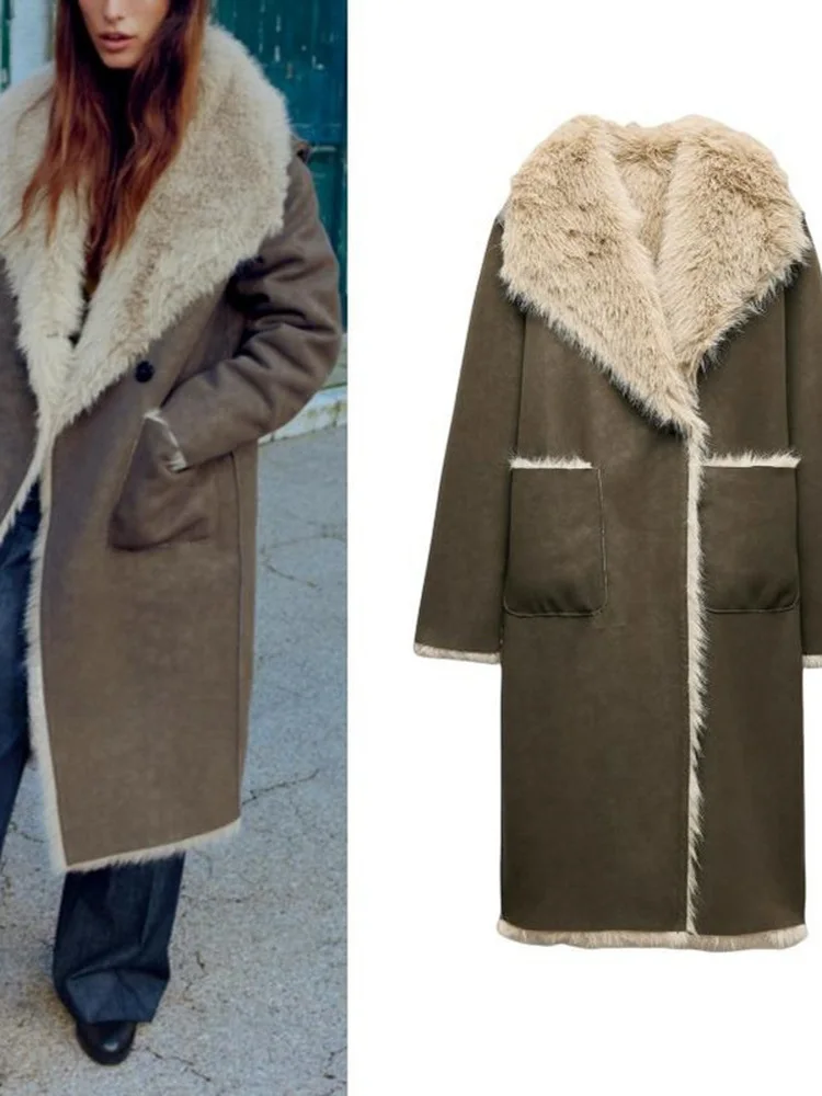 

Двустороннее бархатное кожаное пальто, длинная верхняя одежда, женская премиум-класса, осенне-зимняя модная одежда для поездок на работу, 638262