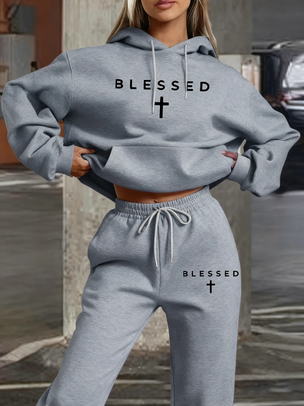 2 Piece Hoodies Set Womens Blessed Cross Prints Sweatpantswinter Fleece Warm Pocket Pants Sweatshirt Sporty Oversized Clothes view 4