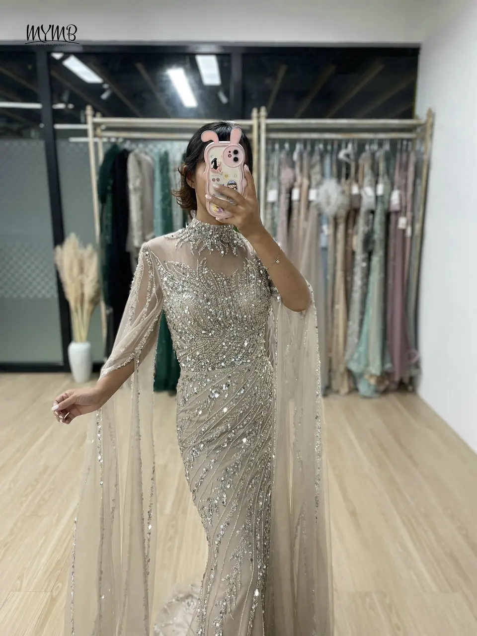 MYMB Champagne Mermaid Beaded Elegant and Pretty Women\'s Dresses 2025 New Muslim Long Sleeves Mother of The Bride Wedding Gowns