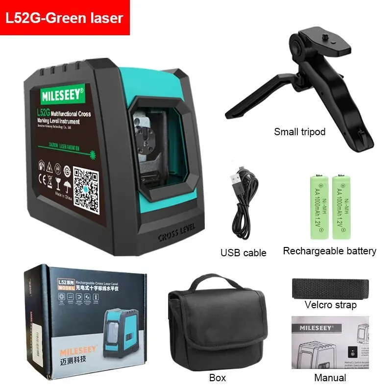 MILESEEY Green Laser Level L52 2 Lines Nivel Laser with Battery and Tripod, Horizontal and Vertical Cross Line Leveling Tools