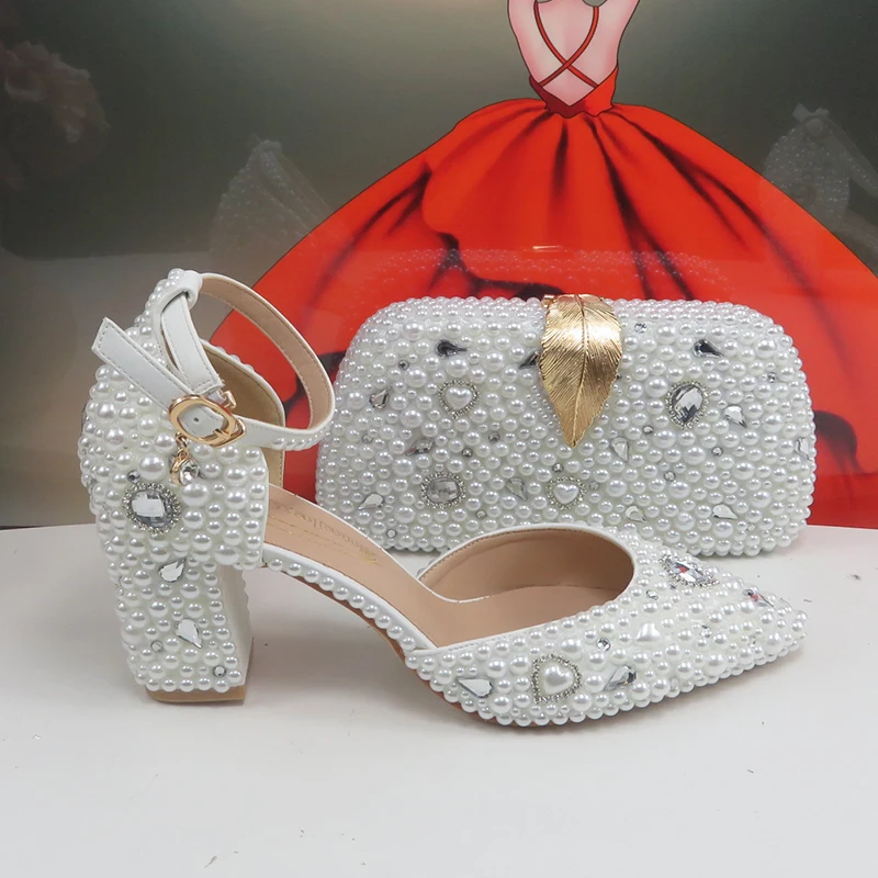 New models White pearl Women Bridal wedding shoes and Bag Pointed Toe Female Party Shoes Fashion Ankle Strap Thick Heel Pumps