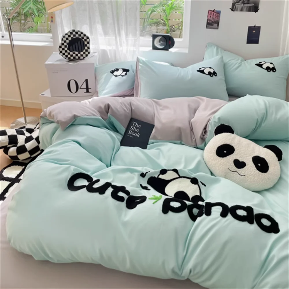 Washed Cotton Panda Thickened Woolen Beddinng Set Non All Cotton Cotton Quilt Cover Set Bed Sheet Bedding Products Bed Sheet