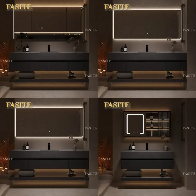 For Italian Minimalist Bathroom Cabinet Rock Slab Hot Bending Integrated Basin Wash Table Combo Vanity Sink Modern Home Decor