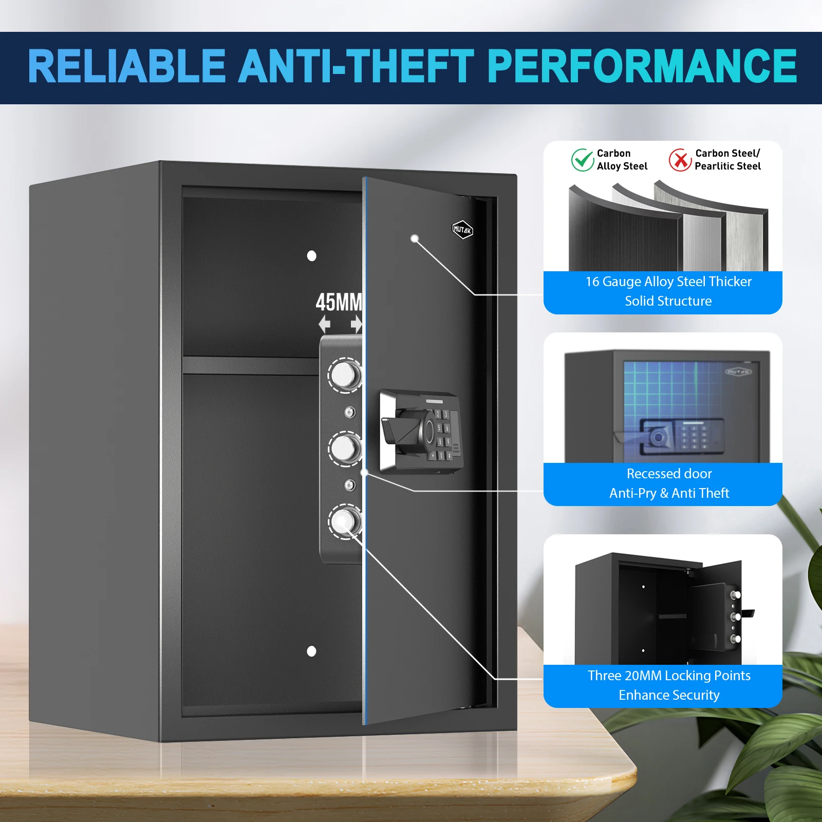 Mutak 1.2/1.7/2.3 Cub Biometric Home Safe w/ Fireproof Bag&Alarm,Office Home Security Safe Fingerprint Jewelry Money Safe Box