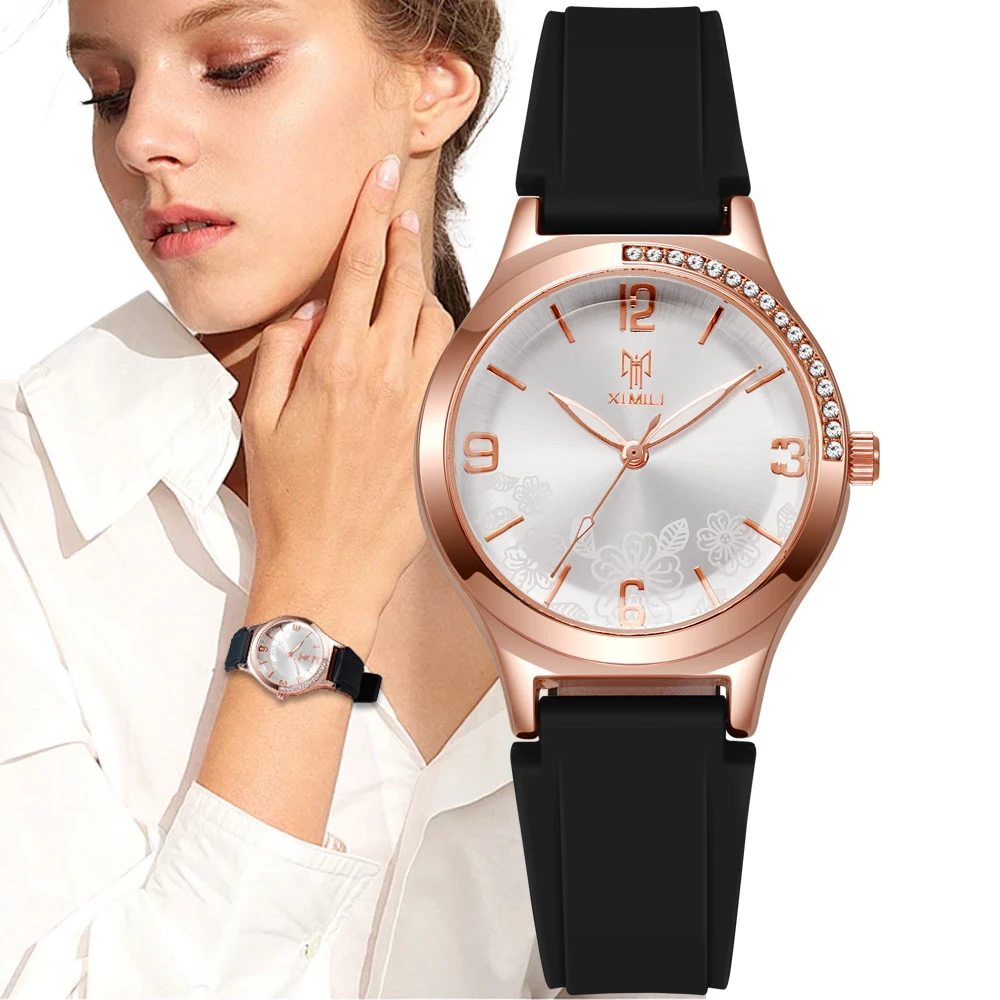 Fashion 2024 Simple Rose Gold Digital Floral Women's Quartz Watch Sport Black Silicone Women's Clock Dress Gift Watches