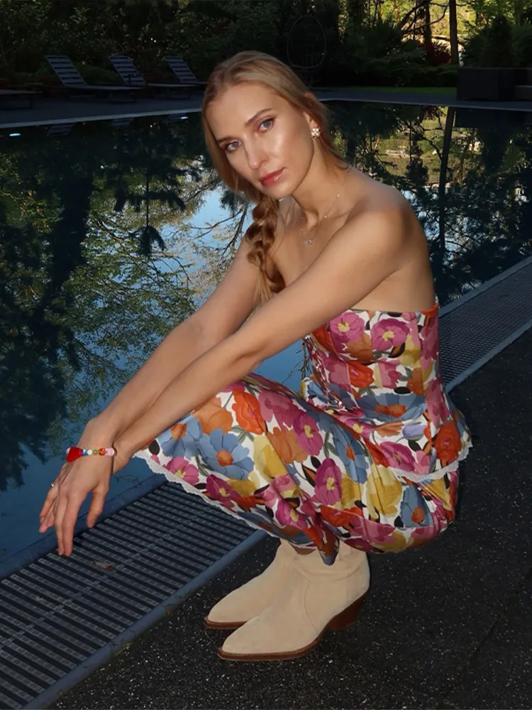 Fashion Women Printed Skirt Set Chic Cinched Waist Slim Fitting Female Top And Lace Patchwork Long Skirt Summer Vacation Suit