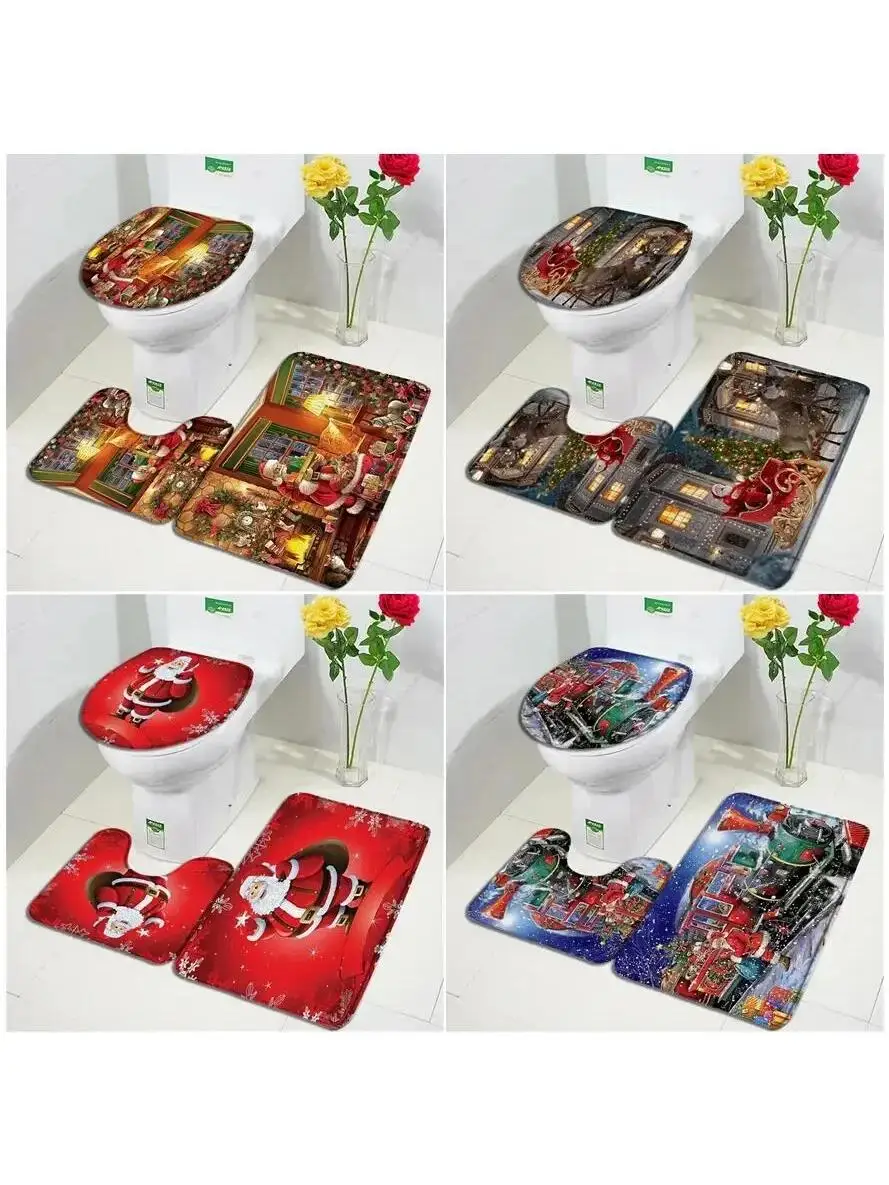 Christmas Bath Mat Set Funny Santa Clause Xmas Tree Vintage Train New Year Bathroom Decor Carpet Non-Slip Rugs Toilet Lid Cover