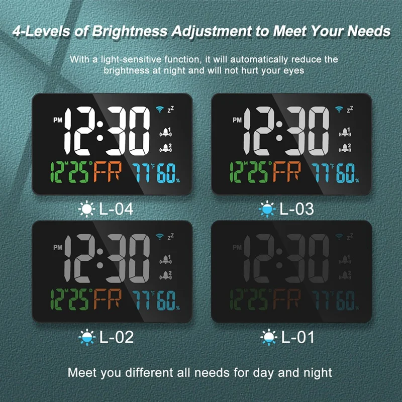 Digital Clock Alarm Clock Extra Large Letters, Temperature And Humidity, Calendar, Week, 4-Level Brightness