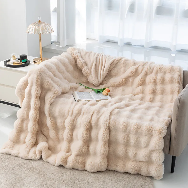 Ruched Luxurious Soft Faux Fur Throw Blanket Fuzzy Plush Elegant with Reversible Mink Blanket Queen King for Sofa Chair Couch