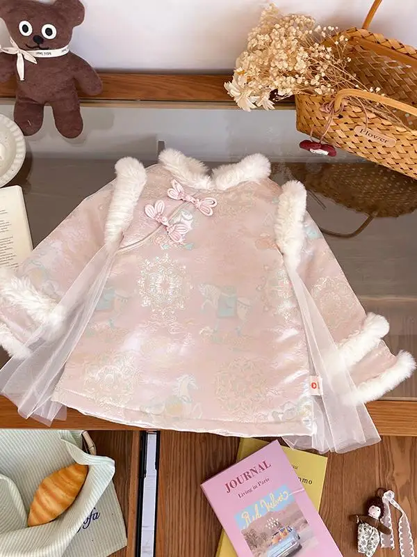 

Thiened Fce New Chinese Sle Dr Net Skirt Casual Winter Children's Clothing for Girls Polyester Cotton Blend