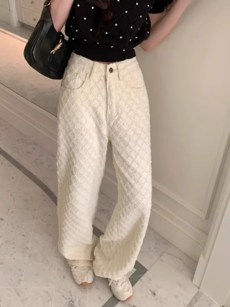 

Beige Argyle Jacquard Patterny Wide Leg Y2k Pants Women Korean Fashion Casual Loose High Waisted Draping Straight Trousers