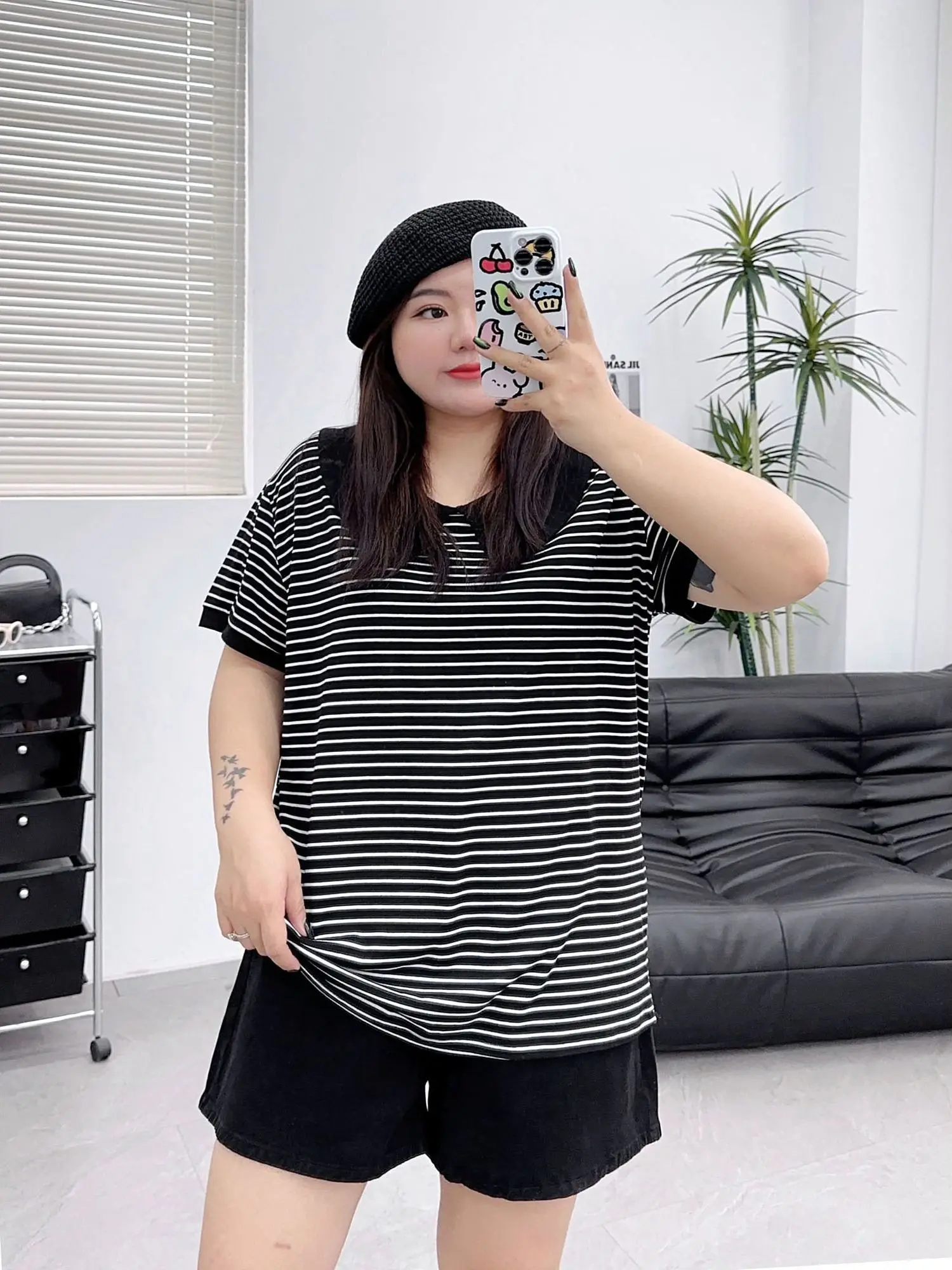 plus Size Women's Striped T-Shirt Summer Loose Fit Short Sleeve Turn-down Collar Korean Style Casual Wear Breathable Polyester