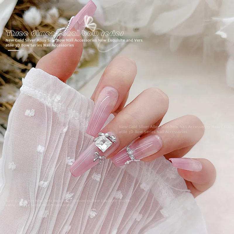 10PCS 실버 골드 금속 3D 네일 아트 보우 매력 매니큐어 장식 손톱 장식 디자인 용품에 대 한 진주 라인 석 액세서리