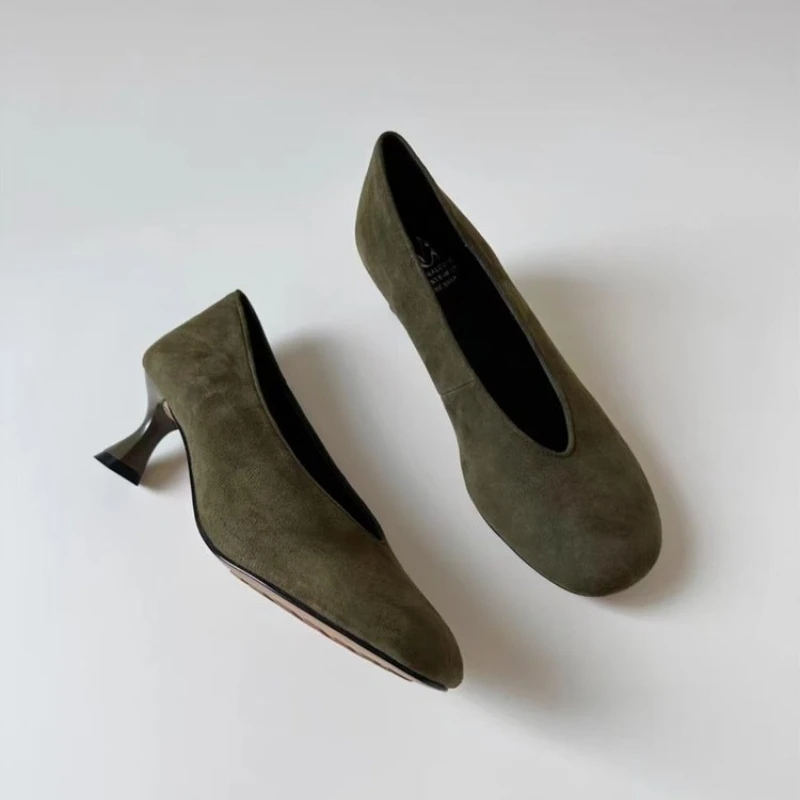 

Women High Heels Loafers Shoes Designer New Shallow Shoes Retro Elegant Pumps Suede Dress Shoes Walking Comfort Zapatos