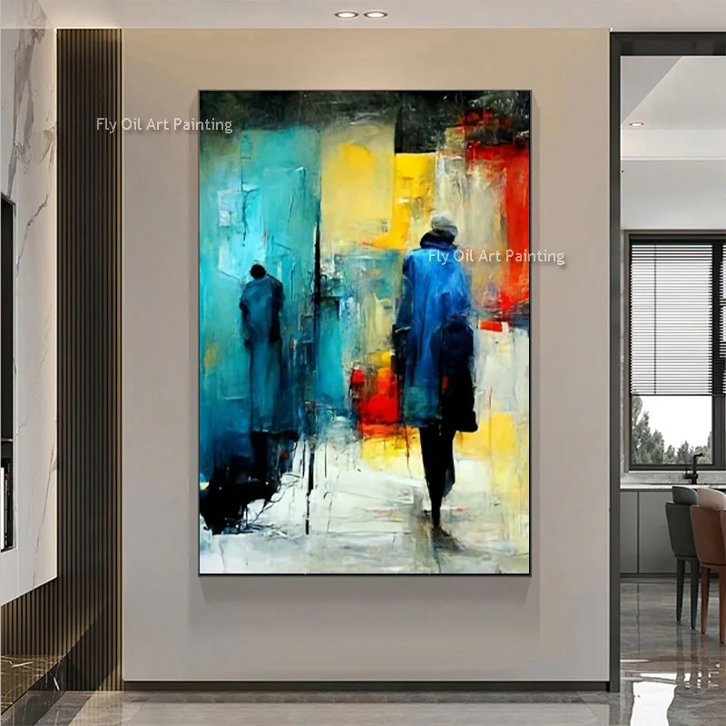 Abstract City Walkers Oil Painting Colorful Urban Figures Canvas Wall Art Handmade Vertical Impasto Artwork