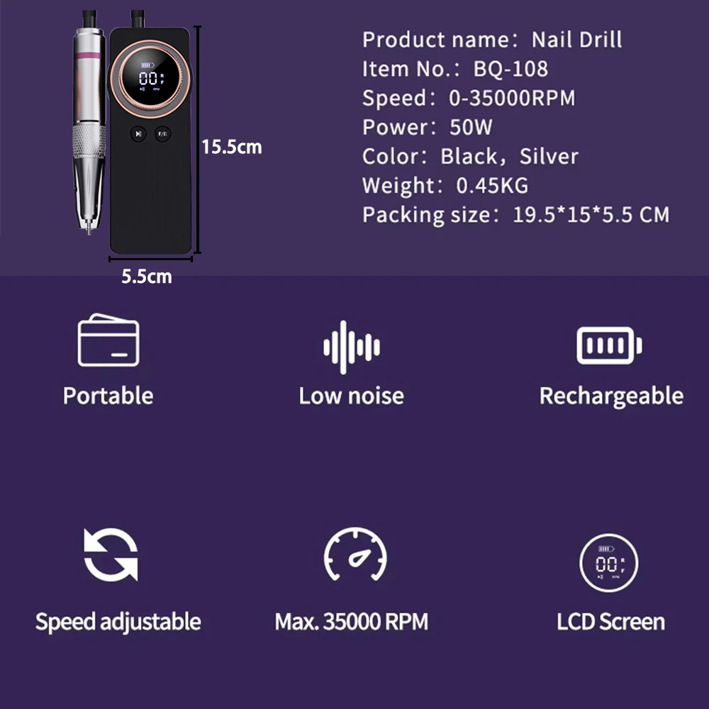 Perceuse à ongles électrique Portable 35000 tr/min, lime électronique pour enlever le polissage du Gel acrylique