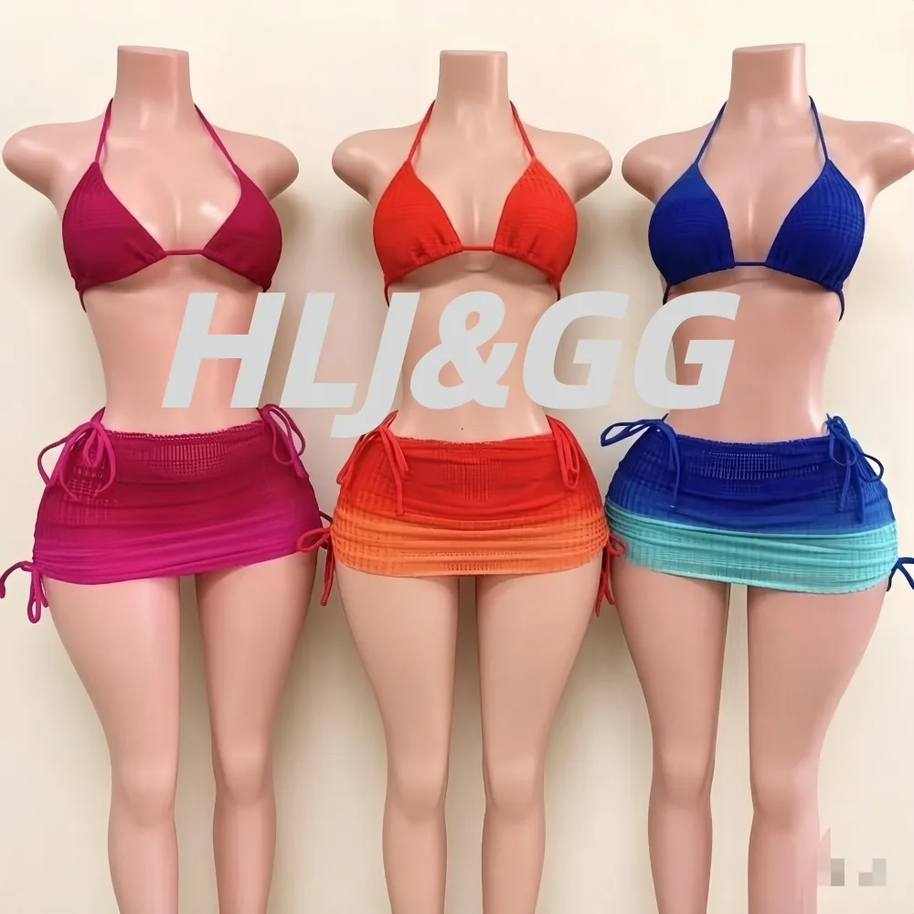 

HLJ 2026 New Woman Mesh Rainbow Colors Bra and Throng and Bandage Mini Skirt Bodycon 3 Piece Set Beach Skirt Summer Sexy Bikini