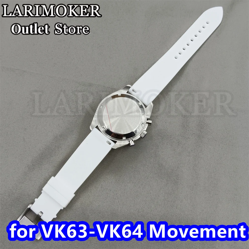 LARIMOKER 40.5mm Rubber watch band Silver Watch Case fit VK63/VK64 with Chronograph Quartz Movement fit about 31mm-31.5mm dial