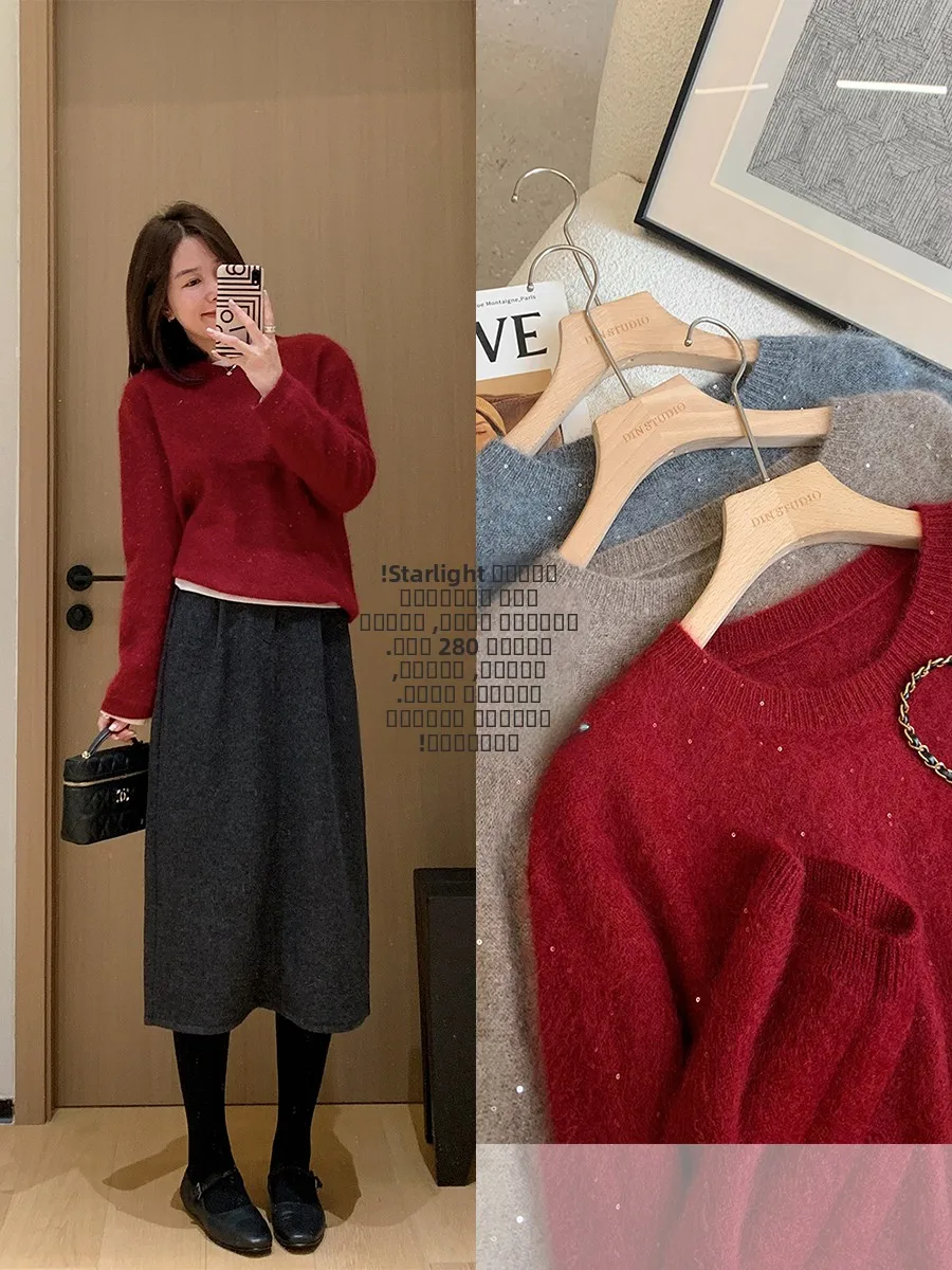 

Свободный вязаный свитер с круглым вырезом из шерстяной ткани с цветочным узором, создающий праздничную атмосферу, женский модный повседневный зимний топ