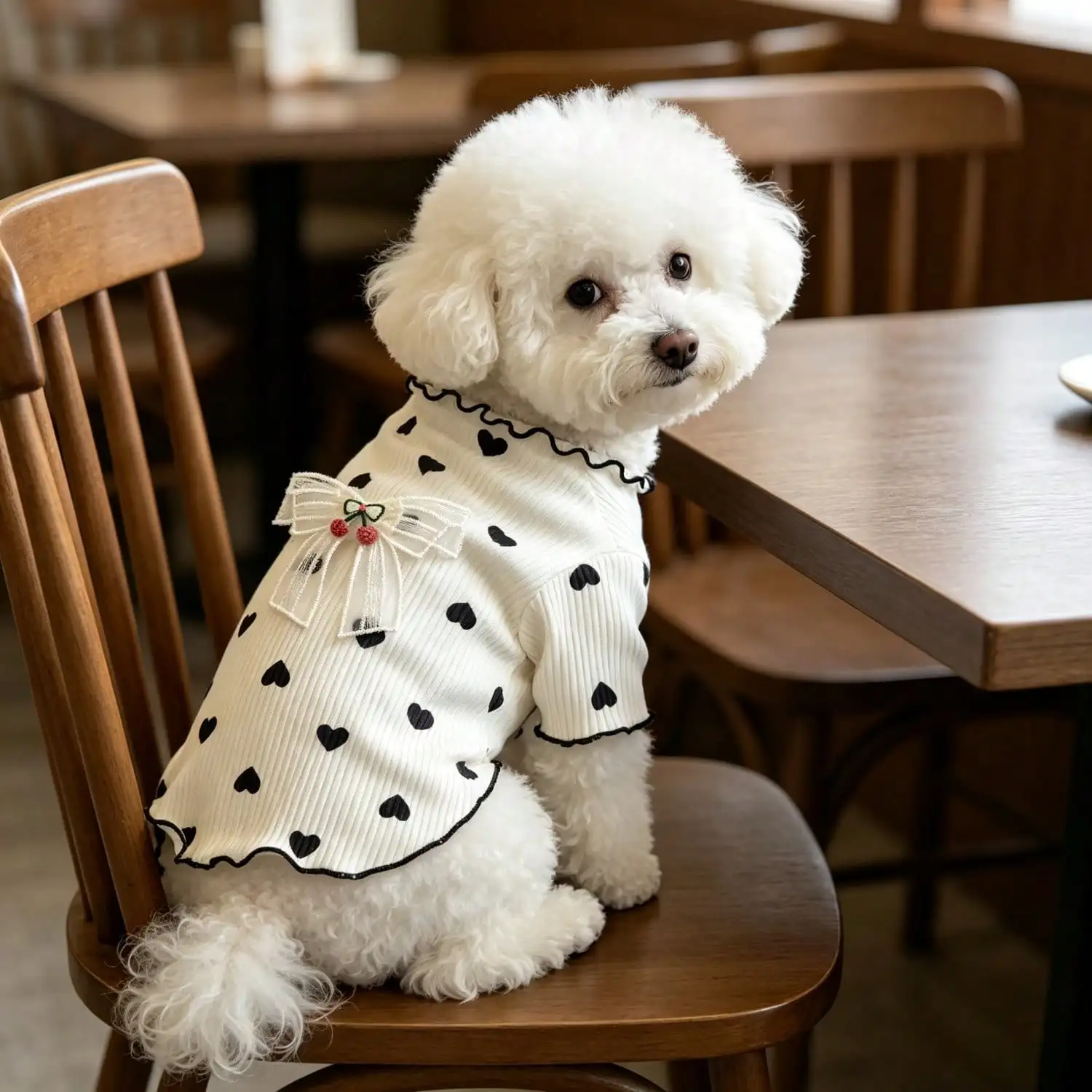 1 Stück Haustier-Hundetop mit Herz-Print, Rüschenbesatz, niedlicher Netzschleife und Kirschdekoration, Pullover-Shirt, weiche Strickkleidung – Detail 9