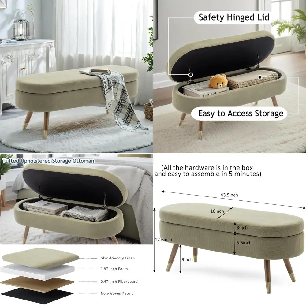

Upholstered Oval Storage Ottoman Bench with Boucle Fabric and Gold Metal Legs for Bedroom
