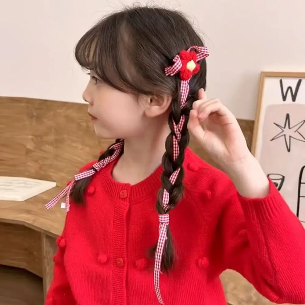 Cute Plaid Cherry Ribbon Hair Clip Flower Plush Ball Flower Hairpin Hair Accessories Braided Red Duckbill Clip Children