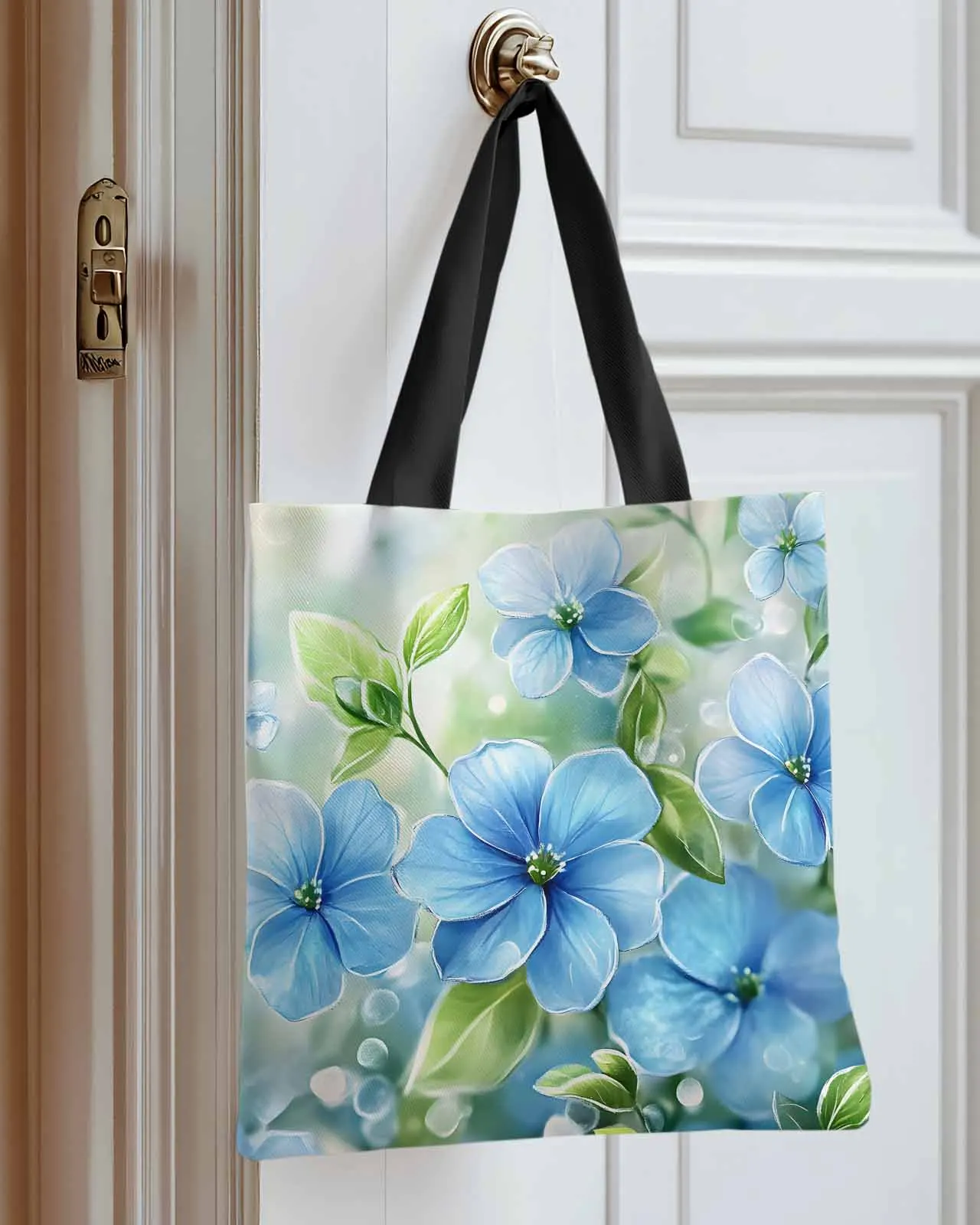 

Spring Blue Watercolor Flower Leaf Canvas Bag Handbag Oxford Cloth Eco Shopping Storage Bag for Home Use