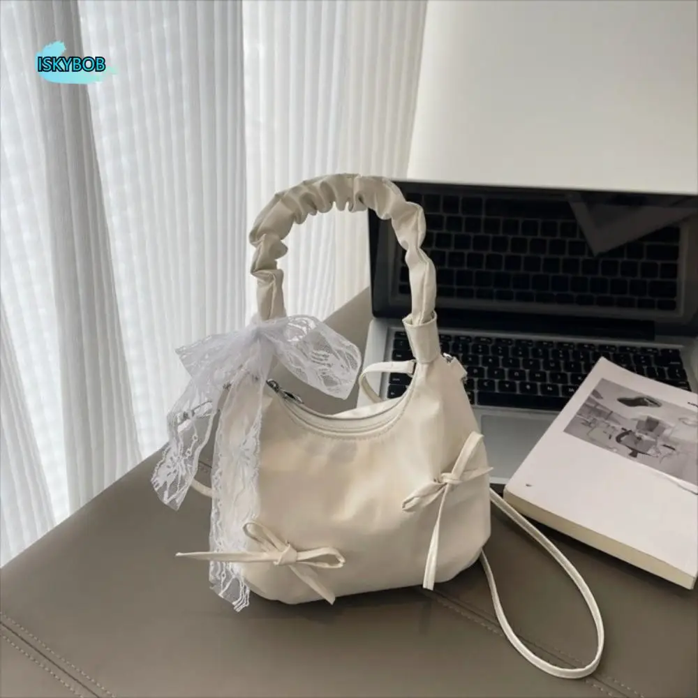 

All-match Cloud Evening Handbag Beige Lace Ribbon Bow PU Shoulder Bag Large Capacity Pleated Underarm Bag School