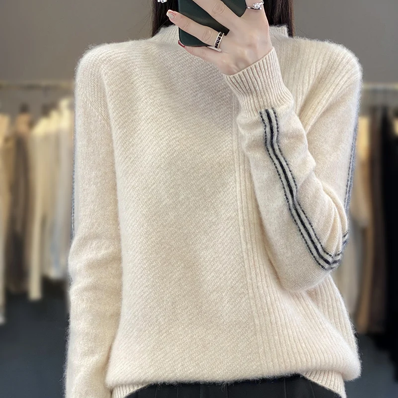 Autumn and winter 100% merino wool ladies semi-turtle neck fashion loose solid color cashmere sweater knitted bottoming shirt