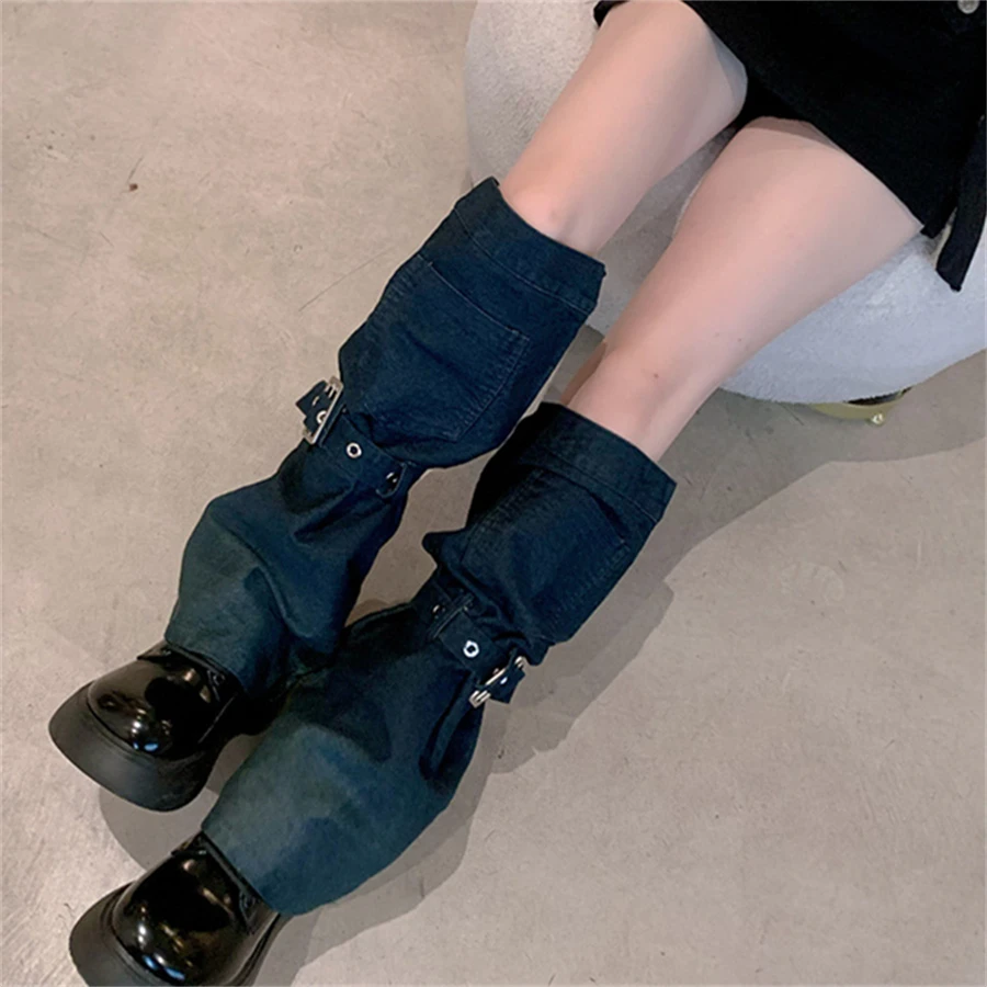 Dark Black Vintage 2-Belt Bandage Denim Leg Warmers for WomenAsymmetric Boots Cover Knee High Punk Boots Cover for Streetwear