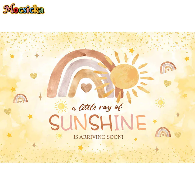 A Little Ray Of Sunshine Is Arriving Soon Backdrop Boho Rainbow Gold Glitter Dots Newborn Baby Shower Background Birthday Props