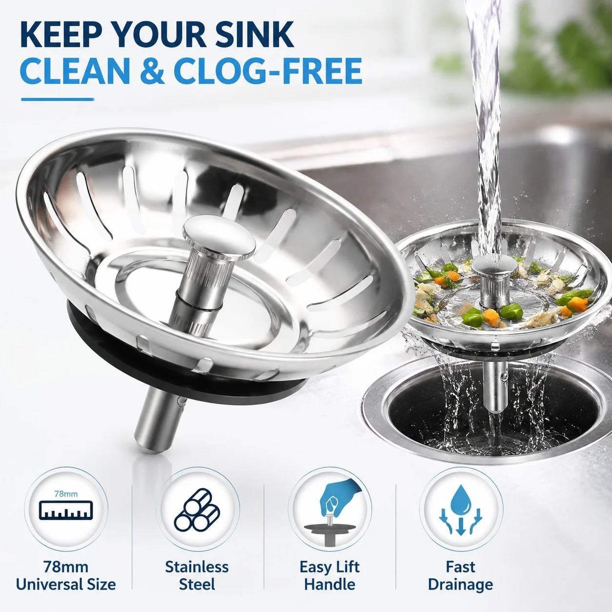 Stainless Steel Sink Strainer Plug Kitchen Waste Drain Filter Basket Water Stopper Bathroom Wash Basin Hardware Accessories
