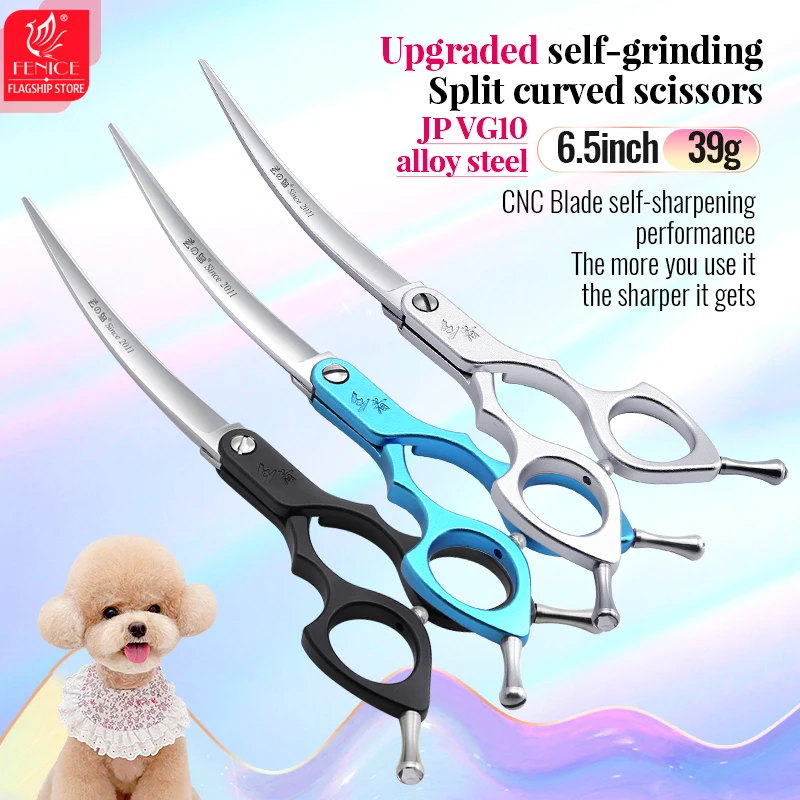 Fenice 6.5 Inch Upgraded Self-grinding Split Bright Blade Curved Scissors VG10 Pet Dog Grooming with High Quality Alloy Handle