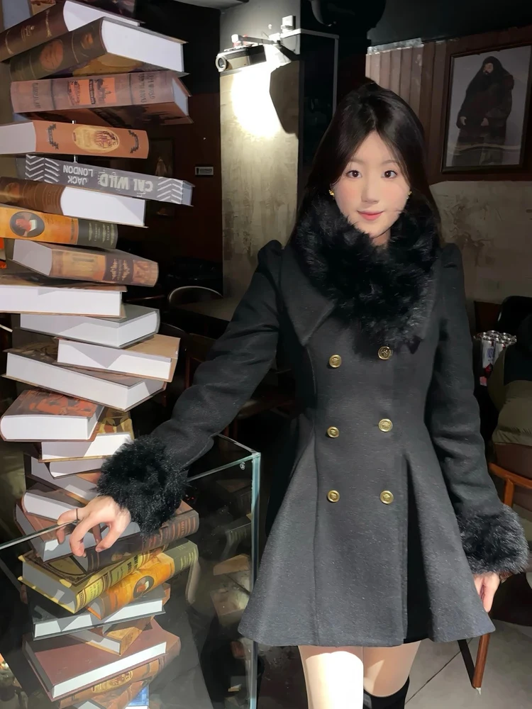 

Autumn Winter Hebe Chapter Ele Woolen Coat Warm Waist-Cut Precision Matching Fur Outerwear Sli Commute Slim Fit Long ...