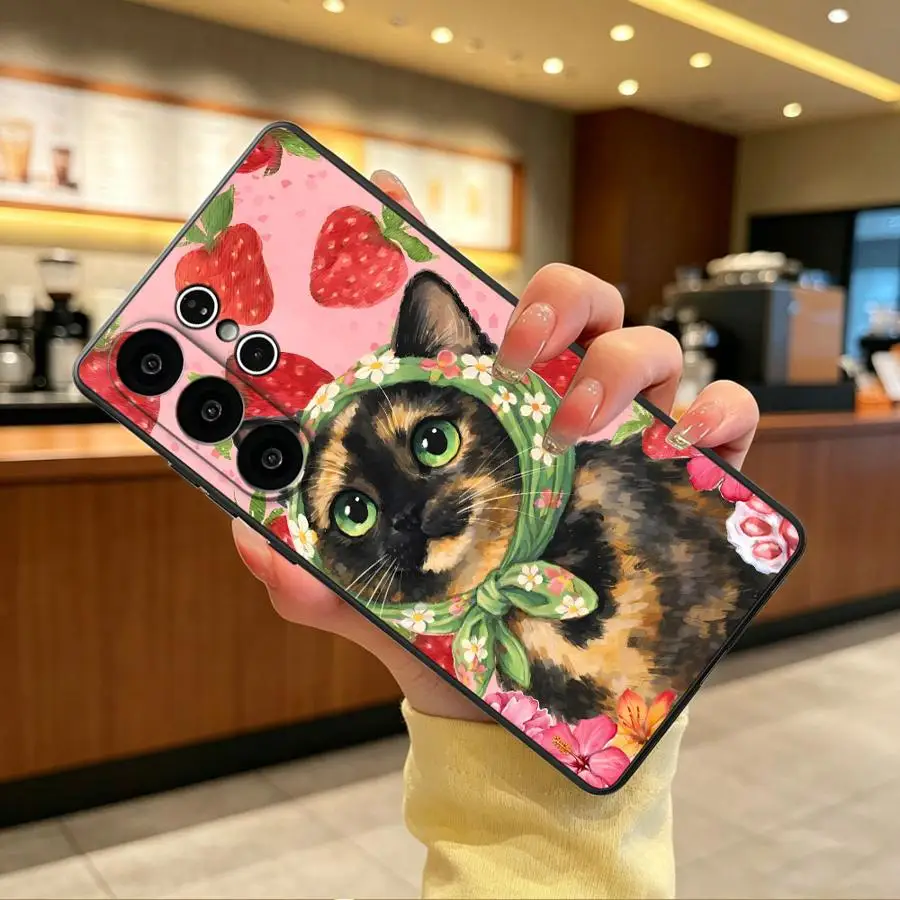 Case for Samsung Galaxy S26 Ultra S21 FE Note 20 8 9 10 S24+ S25 Plus S20 S26+ S24 S23 S10 S9 S25+ Phone Cover Cat Strawberry