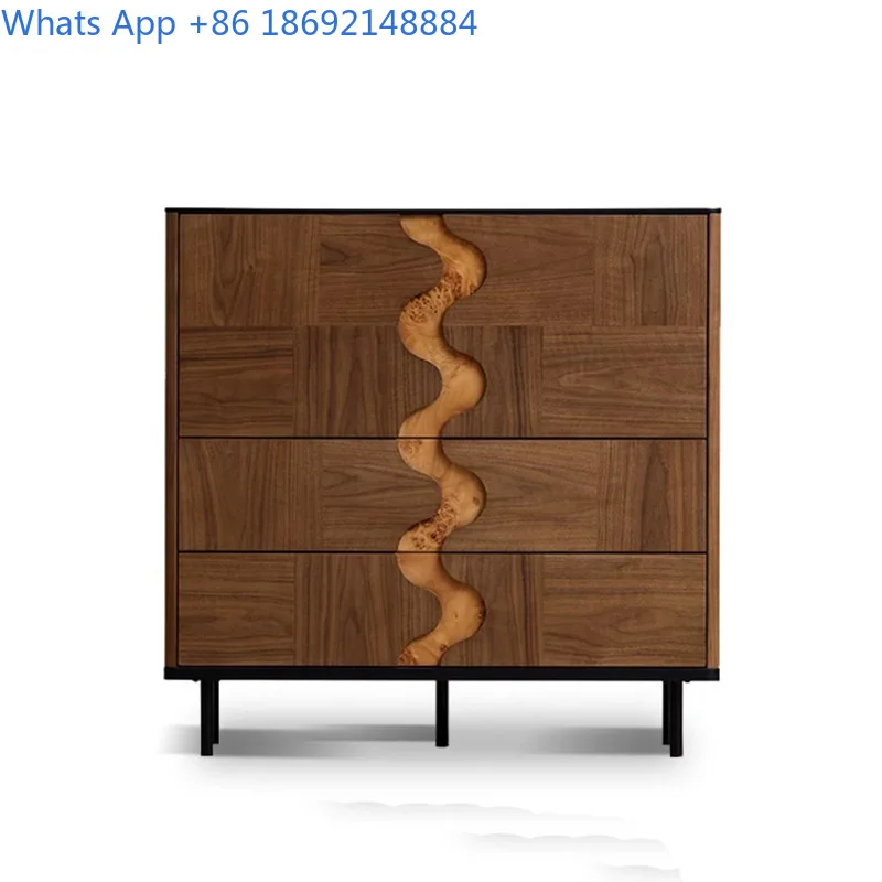 Solid Wood Sideboard Walnut Inlay Flip Door Cabinet Vintage Style Dining Room Living Room Storage Cupboard