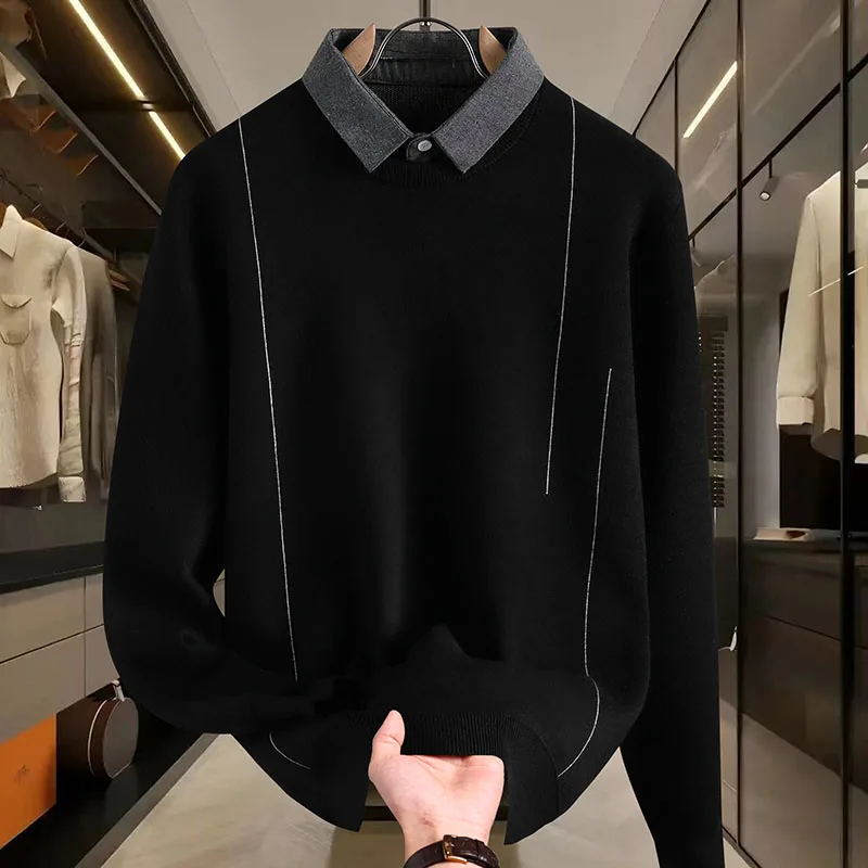 

Light Luxury High-end Fake Two-piece Sweater, Winter Thick Warm Knit Sweater, Men's Versatile Shirt, Collar Base Sweater
