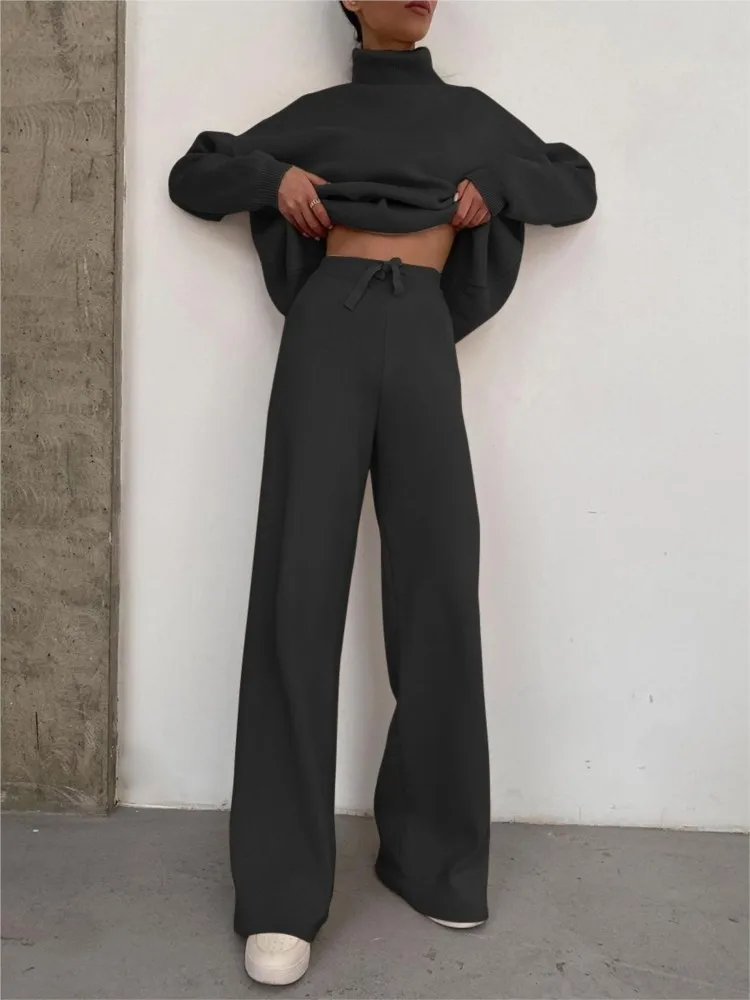 Commuter Loose High Neck Long Sleeved Pullover 2-piece Set 2026 Autumn Fashion High Waist Lace Up Wide Leg Pants Women's Set